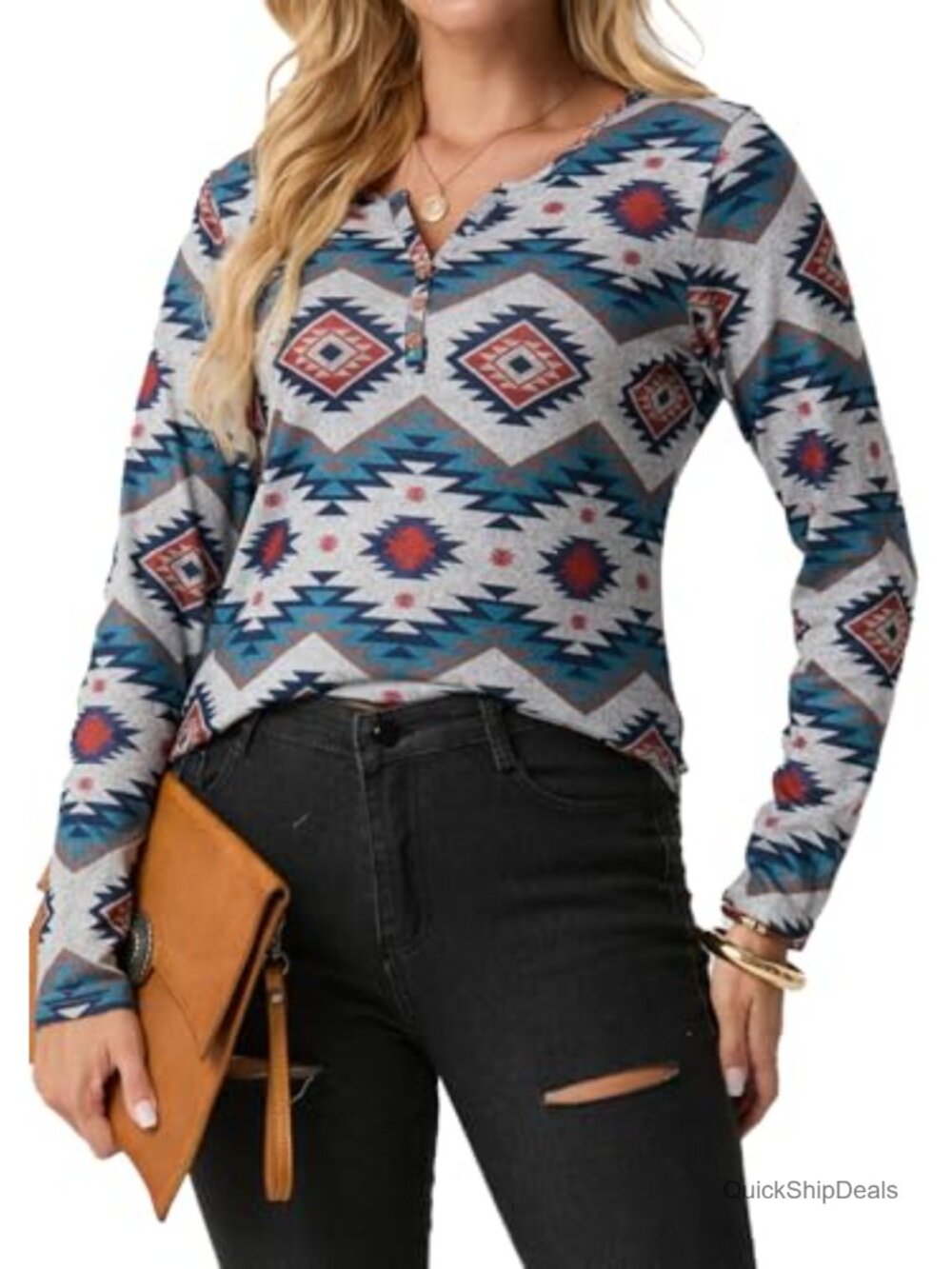 Aztec Western Button Down Shirt Long Sleeve Henley Tunic Top